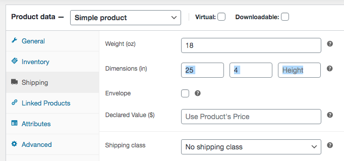 woocommerce change the product shipping dimensions