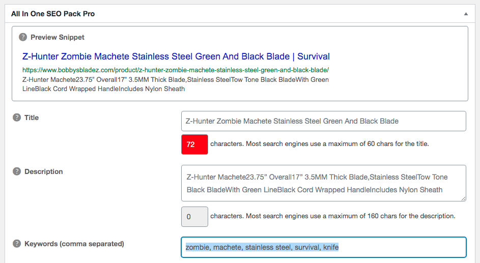woocommerce use all in one seo to add keywords and description