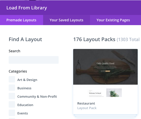 Divi Library choose a Divi layout